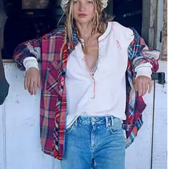 We The Free Patched Up Plaid Shirt Extra Small Berry Combo - Picture 4 of 8